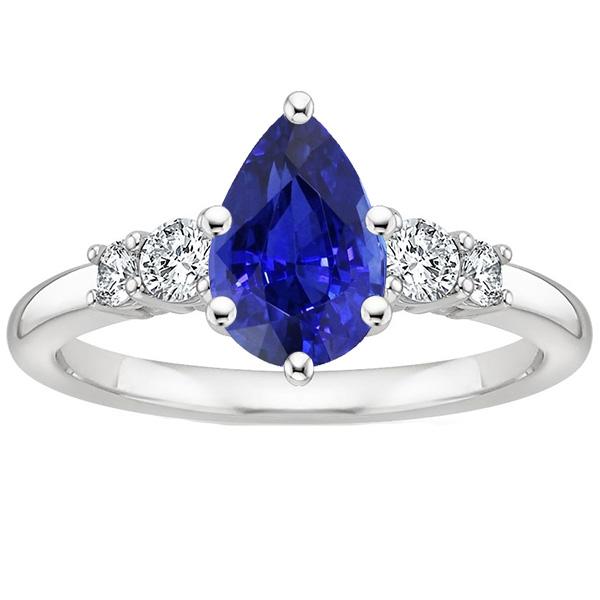 Bague Or Blanc 5 Pierres Diamant Rond & Saphir Bleu Poire 3.25 Carats - HarryChadEnt.FR
