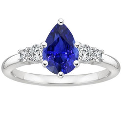 Bague Or Blanc 5 Pierres Diamant Rond & Saphir Bleu Poire 3.25 Carats