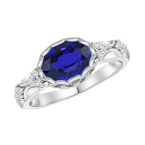 Bague Or Blanc Diamant Femme Ovale Bleu Saphir Lunette Sertie 3.75 Carats - HarryChadEnt.FR