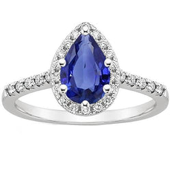 Bague Or Blanc Diamant Halo Pierres Précieuses 6 Carats Taille Poire Saphir Bleu
