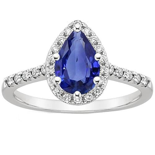 Bague Or Blanc Diamant Halo Pierres Précieuses 6 Carats Taille Poire Saphir Bleu - HarryChadEnt.FR