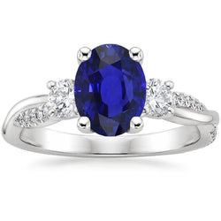 Bague Or Blanc Diamant Saphir Bleu Ovale Style 3 Pierres 6.50 Carats
