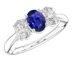Bague Or Blanc Diamant Trois Pierres Ovale Saphir Bleu 2.50 Carats