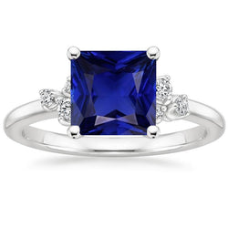 Bague Or Blanc Diamants Et Pierres Précieuses 6 Carats Saphir Bleu Taille Princesse