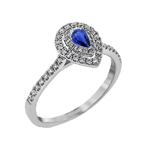 Bague Or Blanc Double Halo Diamants Poire Saphir Bleu 2.50 Carats - HarryChadEnt.FR