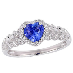 Bague Or Blanc Halo Coeur Saphir Bleu Style Feuille 2.50 Carats