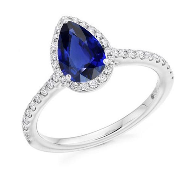 Bague Or Blanc Halo Poire Saphir Sri Lankais 3.50 Carats Diamants - HarryChadEnt.FR