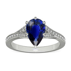 Bague Or Blanc Saphir Sri Lanka Poire & Diamants Ronds 4 Carats