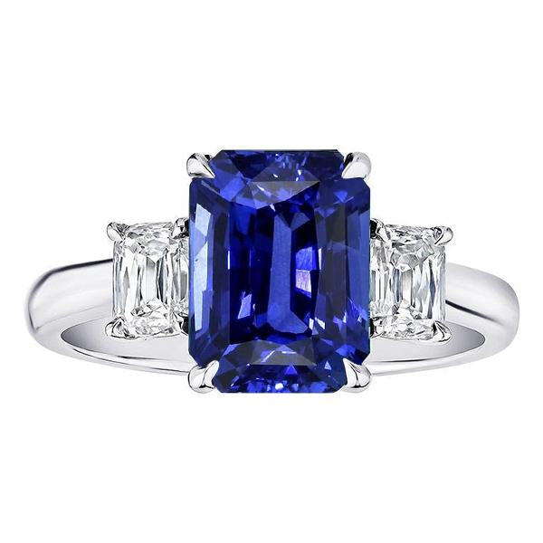 Bague Or Radiant 3 Pierres Saphir Bleu & Coussin Diamants 3 Carats - HarryChadEnt.FR