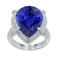 Bague Or Halo Bleu Saphir Ceylan Taille Poire & Diamants Ronds 5 Carats