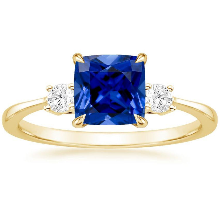 Bague Or Jaune 3 Pierres Diamant Et Coussin Saphir Bleu 2.50 Carats - HarryChadEnt.FR