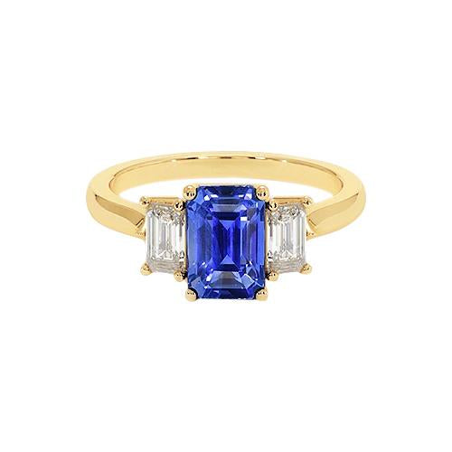 Bague Or Jaune 3 Pierres Saphir Bleu & Diamant 9 Carats - HarryChadEnt.FR