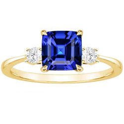 Bague Or Jaune Diamant Rond & Saphir Bleu Coussin 2.75 Carats Neuf