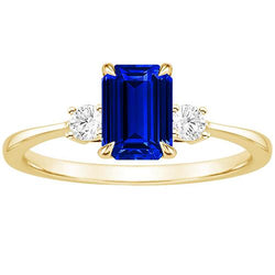 Bague Or Jaune Emeraude 3 Pierres Saphir Bleu & Diamant 3.50 Carats