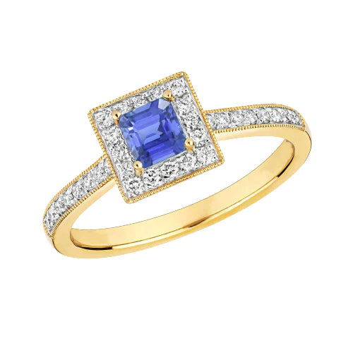 Bague Or Jaune Milligrain Diamant Halo Saphir de Ceylan 2 Carats