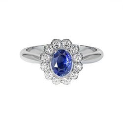 Bague Or Lunette Sertie Halo Saphir Ceylan Ovale Et Diamants 9.70 Carats
