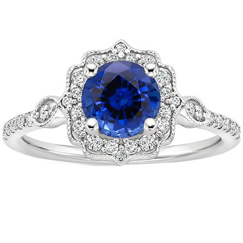 Bague Or Pierres Précieuses Halo Saphir Sri Lankais Style Vintage 3 Carats - HarryChadEnt.FR