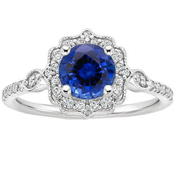 Bague Or Pierres Précieuses Halo Saphir Sri Lankais Style Vintage 3 Carats