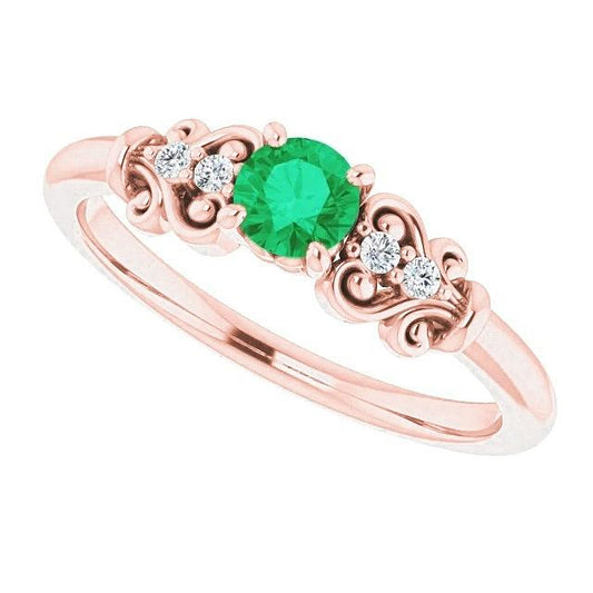 Bague Or Rose 14K Diamant Rond Émeraude Verte 1.40 Carats - HarryChadEnt.FR