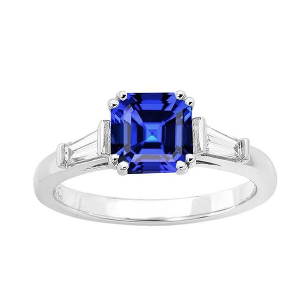 Bague Or Trois Pierres Saphir Asscher 2.50 Carats Diamants Baguette - HarryChadEnt.FR