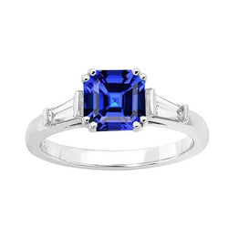 Bague Or Trois Pierres Saphir Asscher 2.50 Carats Diamants Baguette