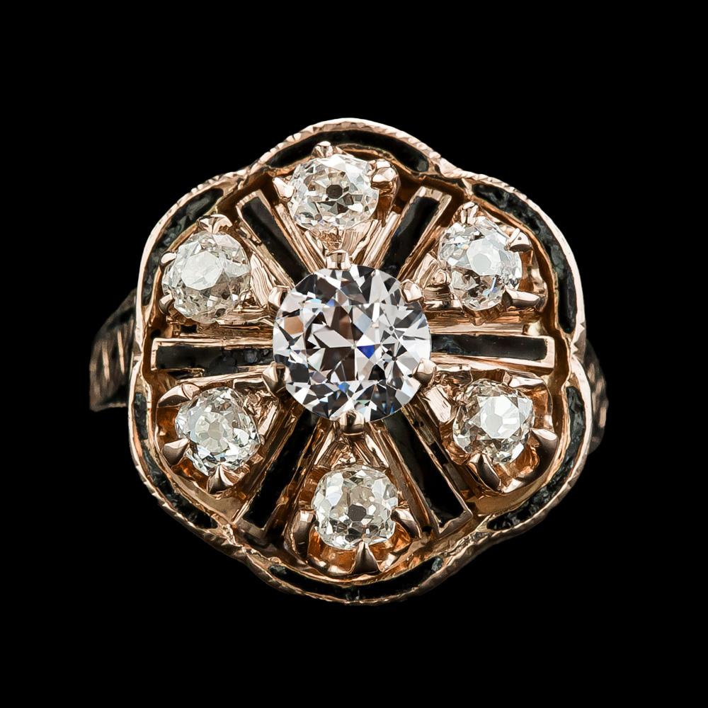 Bague Or ancienne mine Cut Diamant Onyx Noir Style Fleur 4.50 Carats - HarryChadEnt.FR