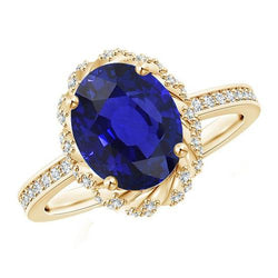 Bague Ovale Halo Pierres Précieuses Saphir Bleu Pavé Diamant Or Jaune 7 Carats