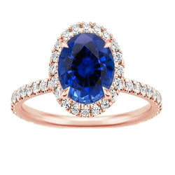 Bague Ovale Saphir Diamant Pierres Précieuses Bijoux 8 Carats Or Rose 14K