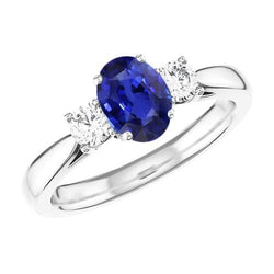 Bague Ovale Saphir Trois Pierres Diamant Rond Or 2 Carats 14K