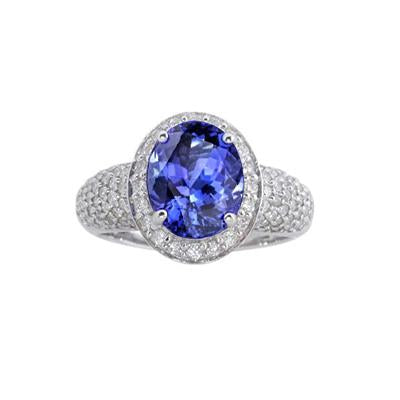Bague Ovale Tanzanite & Diamants 7 Carats Pavé Or Blanc 14K - HarryChadEnt.FR
