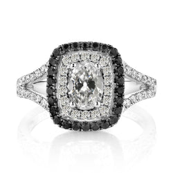 Bague Ovale Vieux mineur & Ronde Halo Diamant Noir Tige Fendue 7 Carats