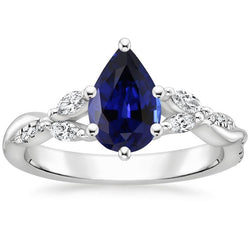 Bague Pierre Gemme Saphir Bleu Poire 7.25 Carats Marquise & Diamants Ronds