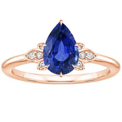 Bague Pierre Précieuse Saphir Bleu Poire & Diamant Rond Style Floral 3 Carats