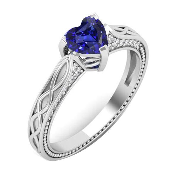 Bague Pierres Précieuses Coeur Saphir Bleu Style Antique 1.25 Carats Diamants - HarryChadEnt.FR