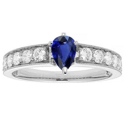 Bague Pierres Précieuses Poire Ceylan Saphir Canal Serti Diamants 3 Carats