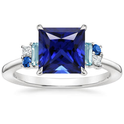 Bague Pierres Précieuses Princesse Saphir Bleu. Aigue-Marine & Diamants 5.50 Carat