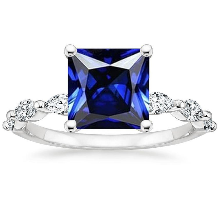 Bague Pierres Précieuses Saphir Bleu Princesse & Accents de Diamants Poire 5.50 Carat - HarryChadEnt.FR