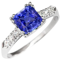Bague Pierres Précieuses Saphir Bleu Radiant Sertie De Griffes Diamants 2.50 Carats