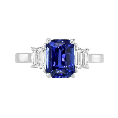 Bague Pierres Précieuses Saphir Bleu Radiant & Diamant Trapèze 2.50 Carats - HarryChadEnt.FR