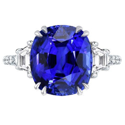 Bague Pierres Précieuses Saphir Ovale Trapèze & Pavé Serti Diamants 5.50 Carats