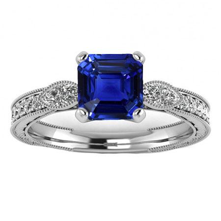 Bague Pierres Précieuses Style Vintage Asscher Saphir Bleu Avec Accents 3 Carats - HarryChadEnt.FR