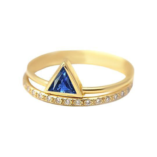 Bague Pierres Précieuses Trillion Lunette Sertie Saphir Bleu 1 Carat Diamants Or - HarryChadEnt.FR