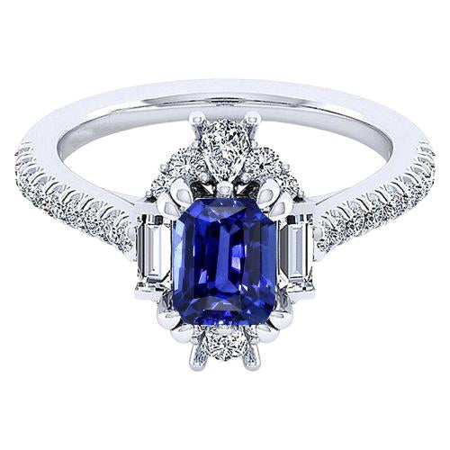 Bague Pierres Précieuses Radiant Saphir Baguette & Pavé Diamant 3.50 Carats - HarryChadEnt.FR