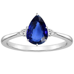 Bague Poire Diamant 3 Pierres Saphir Bleu 1.75 Carats Tige Conique Or