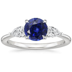 Bague Poire Diamant 3 Pierres Taille Ronde Saphir Bleu Bijoux 3 Carats