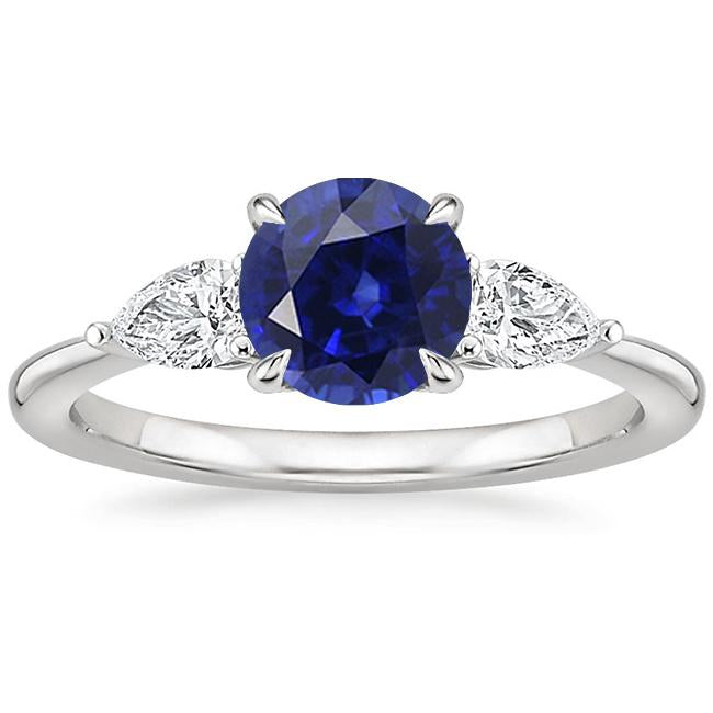 Bague Poire Diamant 3 Pierres Taille Ronde Saphir Bleu Bijoux 3 Carats - HarryChadEnt.FR