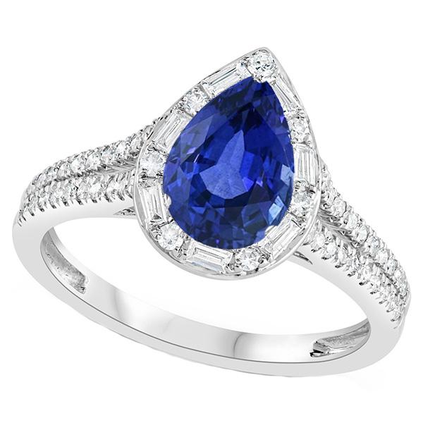 Bague Poire Halo Saphir Bleu Double Tige & Diamants Baguette 5 Carats - HarryChadEnt.FR