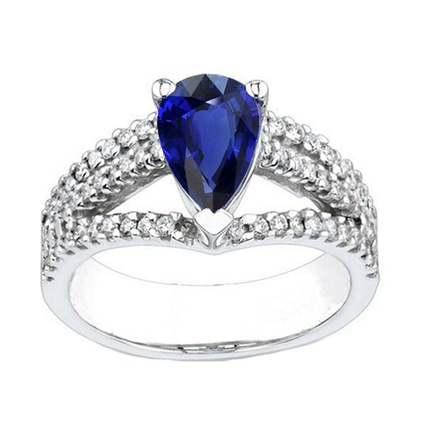 Bague Poire Solitaire Saphir Bleu Avec Accents Bague Split Tige 3 Carats - HarryChadEnt.FR