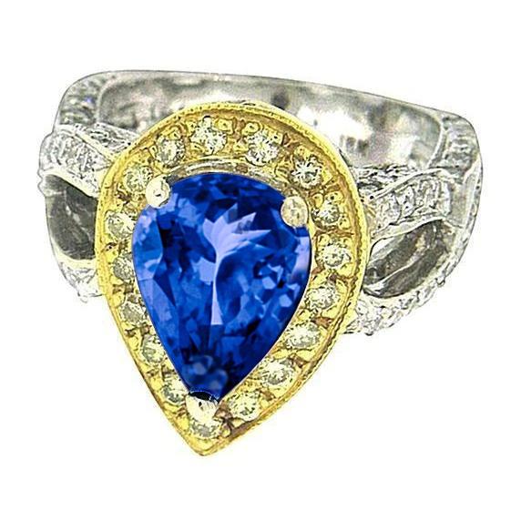 Bague Poire Tanzanite Et Diamants De Style Antique 4.51 Ct Or Deux Tons - HarryChadEnt.FR