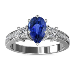 Bague Princesse Saphir Bleu 3 Pierres & Accent Diamant Rond 3.50 Carats